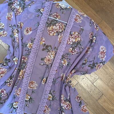 #ad Jolt Floral Kimono Wrap Embroidered Lace Front Purple Rose Boho Flowy Fit Med $14.90