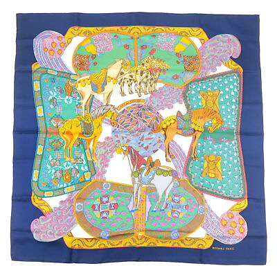 #ad Auth HERMES Carre 90 Silk 100% Scarf ART des STEPPES Art Print Navy Used F S $212.50