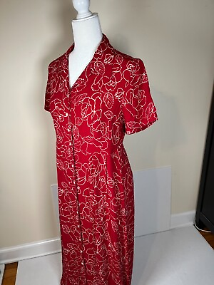 #ad EDDIE BAUER Womens Long Dress Floral Red Button Down Short Sleeves Medium Petite $39.00