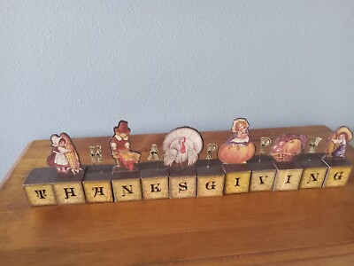 #ad 12 Piece Happy Thanksgiving Vintage Style Image Wooden Blocks Table Centerpiece $34.00