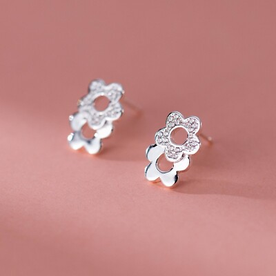 #ad Double Flower Crystal Stud Earrings 925 Sterling Silver Womens Jewellery New $13.01