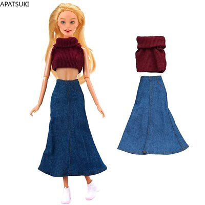 #ad Wine Fashion Clothes Set for 11.5inch Girl Doll Outfits Knitted Top Denim Skirt $5.74