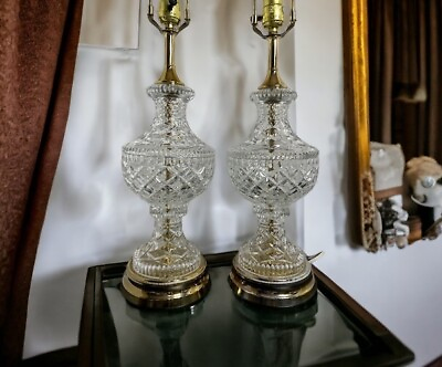 #ad Vintage Pair Cut Clear Crystal Glass Table Lamp Brass Gold Set Hollywood Regency $125.00