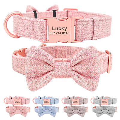 #ad Tweed Dog Collar Personalized with Cute Bow Tie Pet Name Tag Engraved Free Pink $15.99