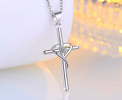 #ad Heart Cross Pendant 925 Sterling silver Womens Necklace Chain Jewellery Gift UK GBP 3.29