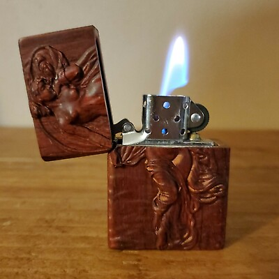 #ad Hand Carved Naked Woman Angel Girl Wooden Zippo Lighter Case Steel Wick Insert $129.00