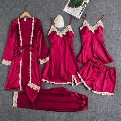 #ad 5 Pieces Silk Satin Sleepwear Women Pajamas Set Lace Sleep Nightwear Homewear $21.60