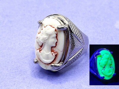 #ad Sterling Cameo Uranium Glass Ring Men#x27;s Unisex Size 10 Vintage Czech 925 Silver $189.00