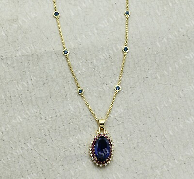 #ad 9.00CT Blue Sapphire Pendant with 18quot; Chain Necklace in 14k Yellow Gold Finish $145.99