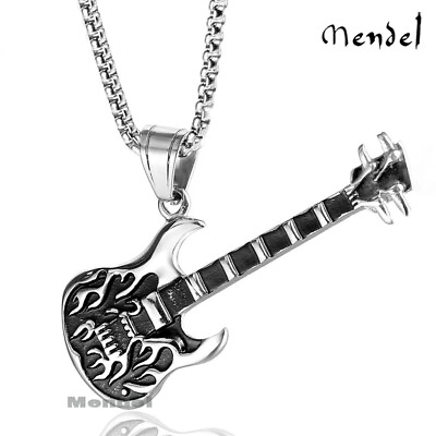 #ad MENDEL Mens Rock N Roll Guitar Necklace Pendant Cool Biker Music Stainless Steel $10.99