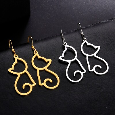 #ad Fashion Stainless Steel Cat Earrings For Women Jewelry Party Gift Dangle Earring $6.59