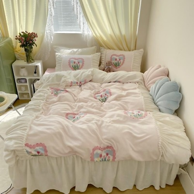 #ad Fleece Warm Winter 4Pcs Bedding Set Floral Ruffled Chic Patchwork Cover Bedskirt $263.81