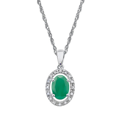 #ad 10k White Gold Oval Emerald and Diamond Halo Necklace $135.19