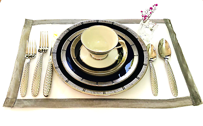 #ad Luxe Placemats set8 Sheer Wht Organdy amp; Metallic 1” Silver Grey Border 18”LX13quot;W $32.50