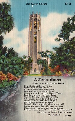#ad Postcard FL Bok Tower A Florida Memory Poem Singing Tower Linen Vintage PC H4320 $2.00