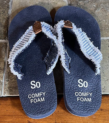 #ad SO Comfy Foam Flip Flops Sandals Women#x27;s Sz 8 Navy White Bloomfield Denim $19.99