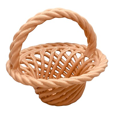 #ad Vintage Woven Ceramic Basket Peach Taiwan Trinket Dish Decoration Floral Display $12.00