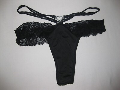 #ad Shein strappy rhinestone heart decor lace trim thong panties S black nip $10.00
