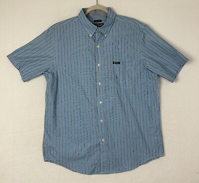 #ad CHAPS Mens Easy Care Short Sleeve Shirt Blue Striped Button Down Size L NWT $21.77