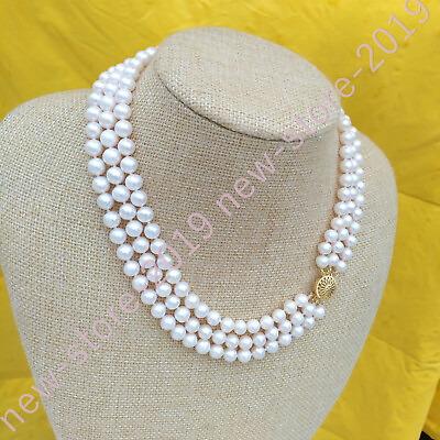 #ad 17#x27; 19in 3 Rows AAA Natural South Sea Round White Pearl Necklaces 14k Gold P C $145.99