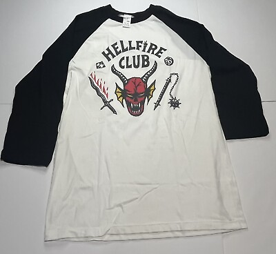 #ad Stranger Things Hellfire Club Shirt White Black 3 4 Sleeve Men#x27;s Medium $15.99