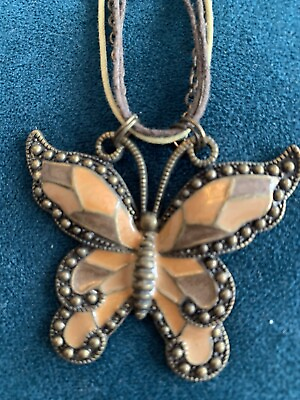 #ad Butterfly Pendant Necklace Cord Chain Enamelled Pendant Cream amp; Biscuit Colours GBP 7.50