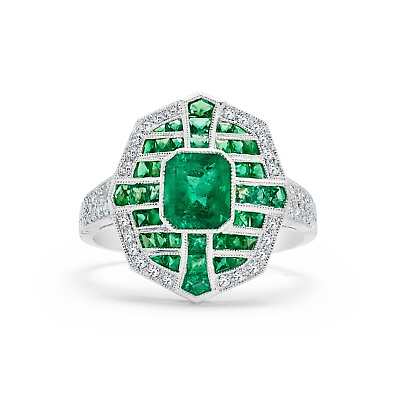 #ad Art Deco Emerald Platinum Diamond Ring Old Mine European Cut Natural 1.58 CTW $6627.94
