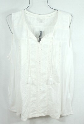 #ad Lucky Brand Womens Shirt 3X Pleaded White Embroidered lace Tassel Tie top Blouse $34.99