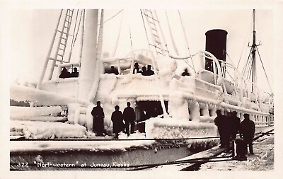 #ad RPPC Juneau AK Alaska Harbor Northwestern Ship Polar Winter Photo Postcard C54 $9.07