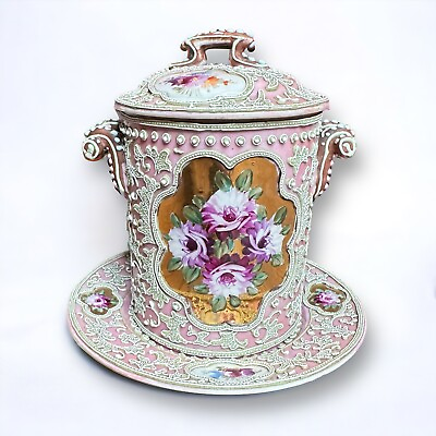 #ad Vintage Made By Vintage Shimamura Hand Painted Porcelain Moriage Set Canister $200.00