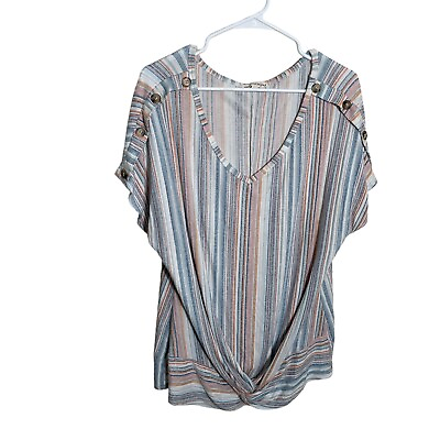 #ad Above amp; Beyond Blouse Women#x27;s 2X Multicolor Striped Sort Sleeve Shirt $15.00