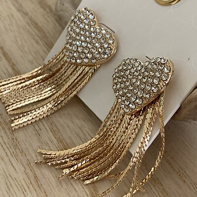 #ad Thalia Sodi Heart Rhinestone Dangle Pierced Earrings with Fringe Gold Tone $14.99