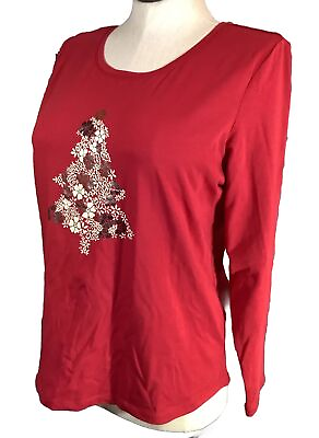 #ad Christopher Banks S NWoT Shirt Red Christmas Tree Flowers Metallic LS Top $15.99