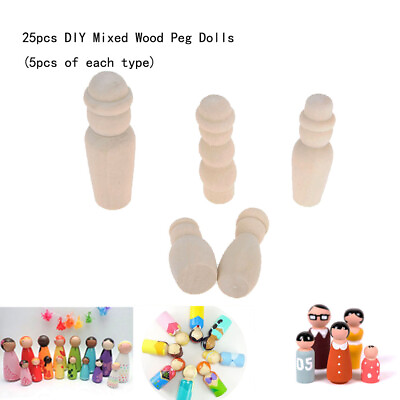 #ad 25Pcs Unpainted Wooden Peg Dolls DIY Crafts Kids Painting Decor 35 42 50 53 60mm $10.29