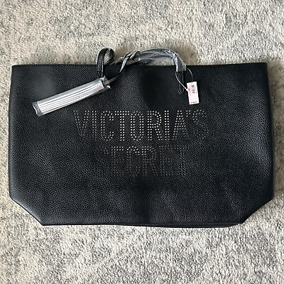 #ad NEW Victoria#x27;s Secret Holiday Faux Leather Black Tote Bag Silver Tassel Ret $58 $19.99