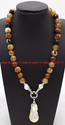 #ad Faceted 6 12mm Brown Stripe Agate Gems White Baroque Pearl Pendant Necklace14 32 $14.26