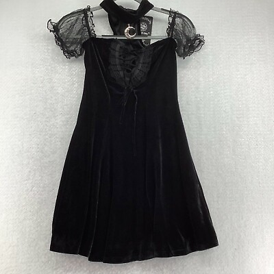 #ad Dark In Love Womens Gothic Velvet Off Shoulder Black Mini Dress Sz M With Choker $69.99