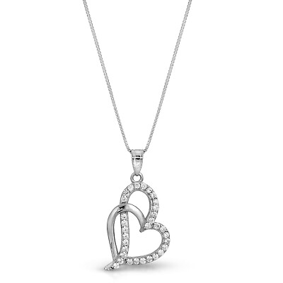 #ad Sterling Silver Heart Necklace CZ Double Heart Pendant Necklace Love Jewelry N69 $28.99