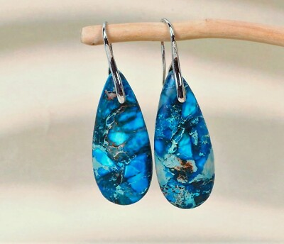 #ad Natural Blue Imperial Jasper Stone Teardrop Dangle Earrings Silver Hook Handmade $11.99