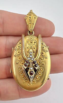 #ad Victorian Etruscan Gold Filled Seed Pearl amp; Red Glass Paste Photo Locket Pendant $225.00