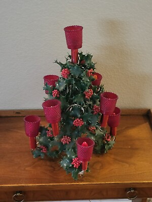 VTG Kitschy Christmas Plastic Greenery Lighted Tabletop Tree Centerpiece Candle $125.00
