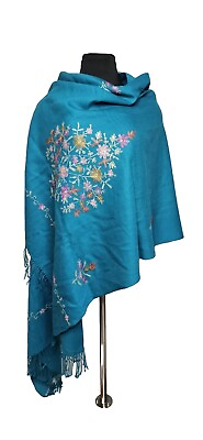 #ad Kashmiri Pashmina Shawl Scarf Wrap Embroidered Blue Floral Fringe I.D.M.L $70.00