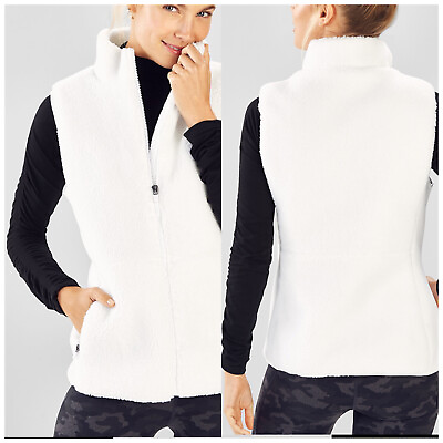 #ad Fabletics Women White Sedona Polar Fleece Vest high neck comfy full zip sz large $23.99