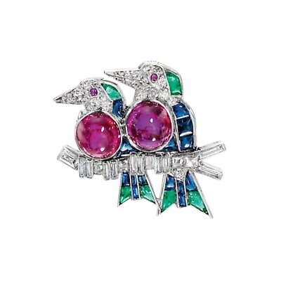 #ad Handcrafted Two Love Bird Brooch Pin Emerald Sapphire Ruby amp; Diamond 925 Silver $392.00
