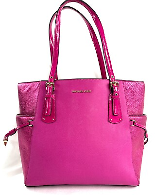 #ad Michael Kors Voyager Pink Leather Large Tote Shoulder Bag Glitter Sides Brass $65.13