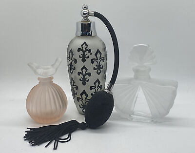 #ad Set 3 Vintage Frosted Glass Perfume Vanity Bottles Atomizer Bird amp; Fleur De Lis $55.00