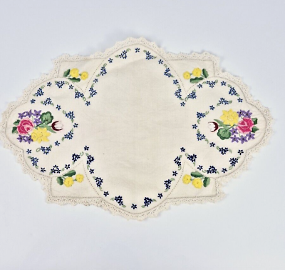 #ad Vintage Hand Embroidered Linen amp; Crocheted Floral Doily 1950s VGC AU $20.00