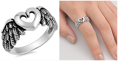 #ad Sterling Silver 925 PRETTY HEART WITH ANGEL WINGS DESIGN SILVER RING SIZES 5 12* $21.69