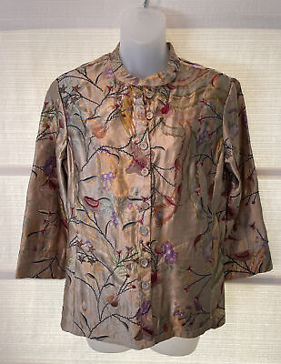 #ad Citron Bronze Linen Silk Satin Floral Embroidery Ancient Bird Kimono Jacket S $29.97