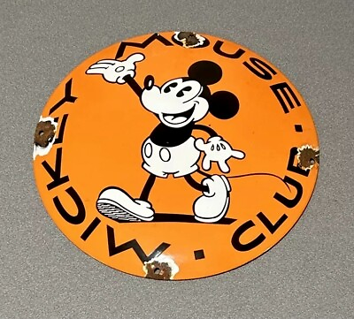 #ad VINTAGE DOMED 12” MICKEY DISNEY MOUSE PORCELAIN SIGN CAR GAS OIL $99.99